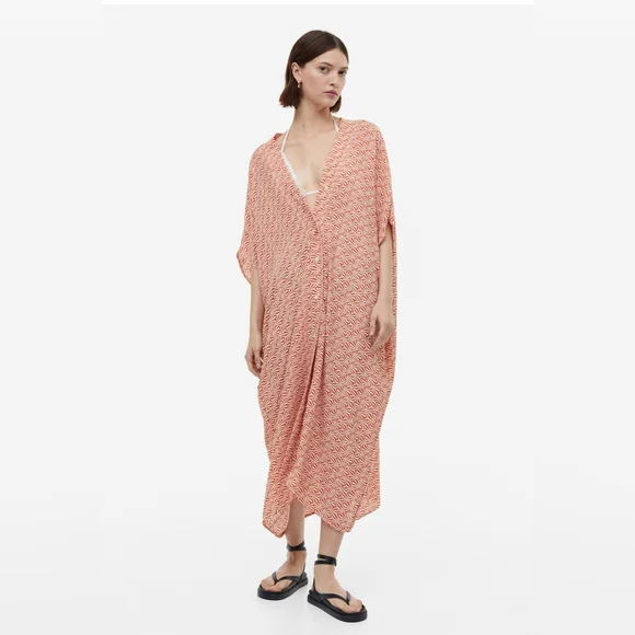 H&M | Swim | Hm Oversized Kaftan Dress Orange Patterned Swim Coverup Button  Down V Neck | Poshmark